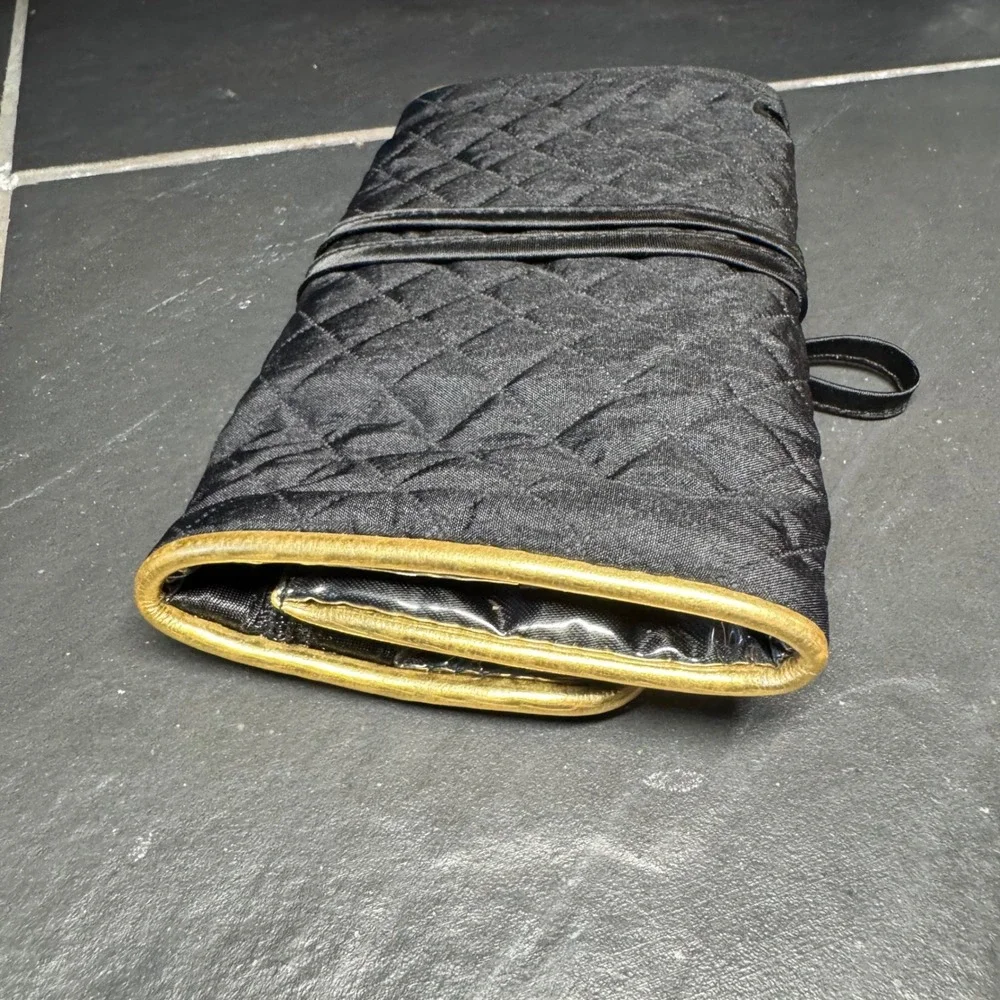 Schildkraut Black Quilted Jewelry Roll Travel Organizer Gold Trim Ribbon Tie